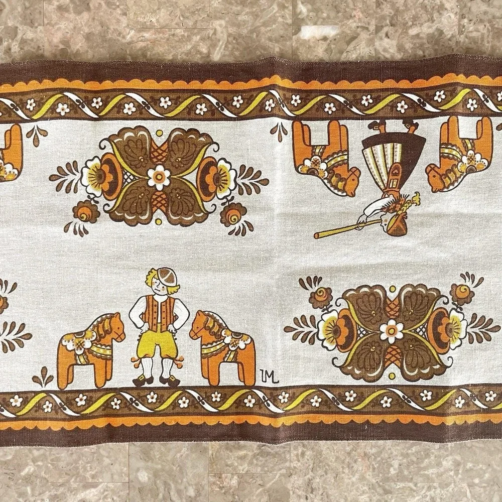 Vintage Scandinavian Folk Art Table Runner Dala Horse Rosemaling‎ Swedish Linen